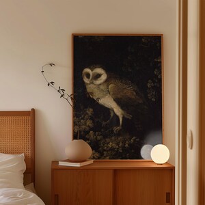 Antique painting of an owl by Moses Haughton featuring detailed feathers and a natural history illustration style.