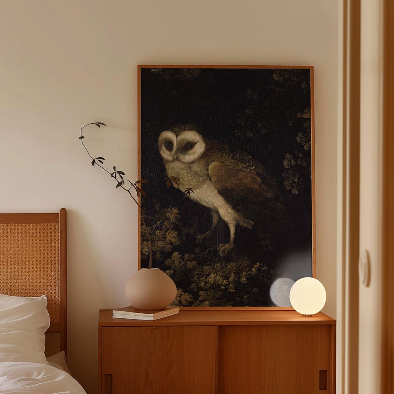 Antique painting of an owl by Moses Haughton featuring detailed feathers and a natural history illustration style.