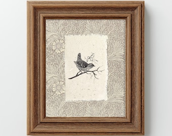 Vintage Bird Art Print, Botanical Woodland Illustration, Rustic Nature Wall Decor, Cottagecore Bird Print, Neutral Vintage Home Art