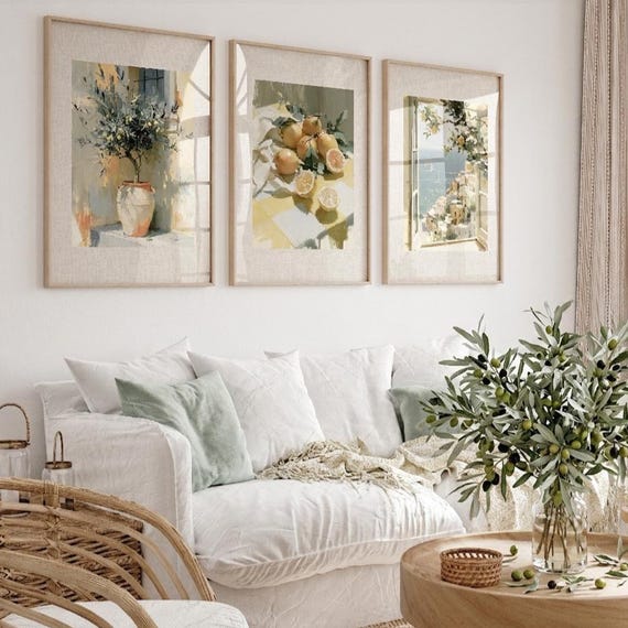 Italian Wall Art Set of 3 Prints, Mediterranean Amalfi Coast, Lemon Olive Tree Decor, Kitchen Living Room Gallery Wall, Cottagecore Gift