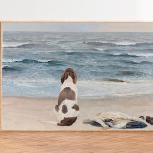 Vintage Dog Oil Painting, Dog on the Beach Print, Vintage Watercolor Seascape, Coastal Art, Vintage Seascape Paintings, Vintage Dog Wall Art