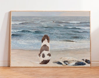 Vintage Dog Oil Painting, Dog on the Beach Print, Vintage Watercolor Seascape, Coastal Art, Vintage Seascape Paintings, Vintage Dog Wall Art