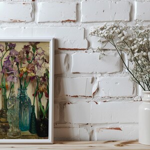 Vintage floral art print reproduction of Frederick Judd Waugh’s 1922 painting Rum Row, featuring an elegant still life arrangement of flowers in classic vases. The artwork showcases soft painterly brushstrokes, muted antique tones, and timeless botanical composition, styled as traditional wall art suitable for living rooms, bedrooms, or vintage-inspired home decor.