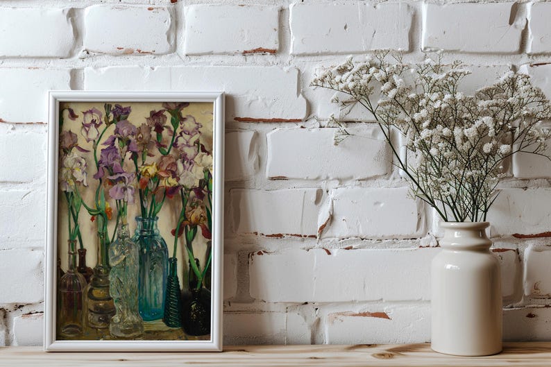 Vintage floral art print reproduction of Frederick Judd Waugh’s 1922 painting Rum Row, featuring an elegant still life arrangement of flowers in classic vases. The artwork showcases soft painterly brushstrokes, muted antique tones, and timeless botanical composition, styled as traditional wall art suitable for living rooms, bedrooms, or vintage-inspired home decor.