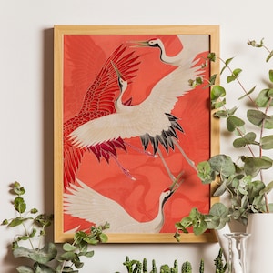 Arte dell'uccello gru, arte giapponese della gru, stampa giapponese dell'uccello, illustrazione dell'uccello d'epoca, poster della gru, arte cineseria, arte giapponese, arte dell'uccello asiatico