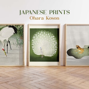 Vintage Drucke 3er Set, Japanische Wandkunst, Ohara Koson Drucke, Japanische Drucke, Pfau Wandkunst, Japanischer Holzschnitt, Green Gallery