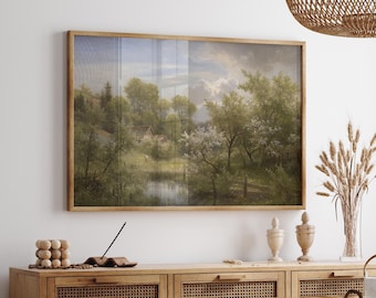 Cottagecore Landscape Print: Vintage Countryside Painting, Green Wall Art Cottagecore Decor