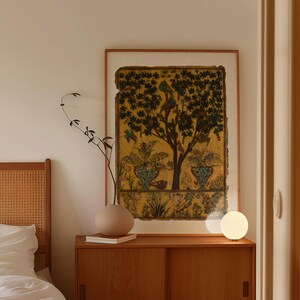 Tree of Life art print inspired by antique Persian garden painting with birds, botanical foliage, and symbolic nature imagery.