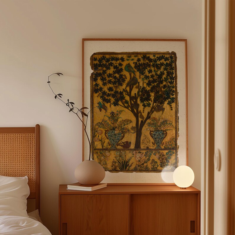 Tree of Life art print inspired by antique Persian garden painting with birds, botanical foliage, and symbolic nature imagery.