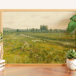 Paesaggio di prato con oche sul ruscello, dipinto a olio vintage di prato, arte murale di paesaggio estivo, arredamento fattoria, arte delle oche, arte di prato estivo