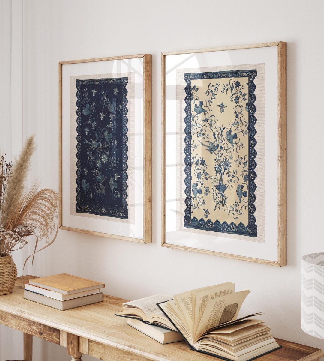 Chinoiserie Bird Wall Art Set of 2 Prints, Vintage Blue Botanical ...