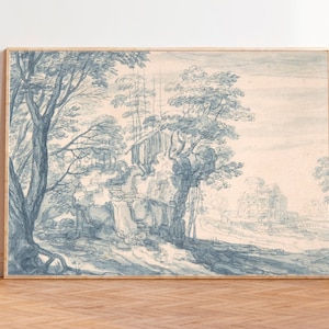 Blue Willow Wall Art, Vintage Landscape Painting, Chinoiserie Wall Art,  French Wall Decor, Simple Landscape Sketch, Neutral Landscape Print