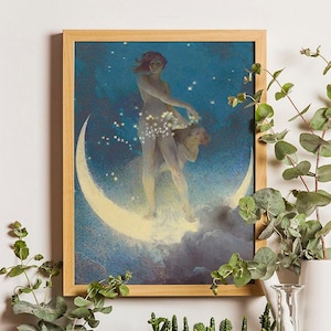 Edwin Blashfield - Spring Scattering Stars (1927) - Classic Painting, Art Gift, Moon Poster, Lunar, Magic, Woman portrait, Bedroom art