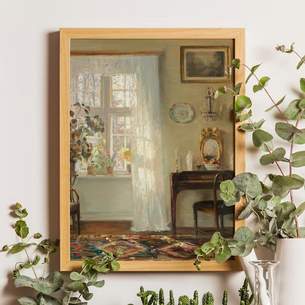 Interieur met zonlicht door een raam, Moody Interior Painting, Interior Scene Art, Europese poster, vintage stijlprints, vintage poster