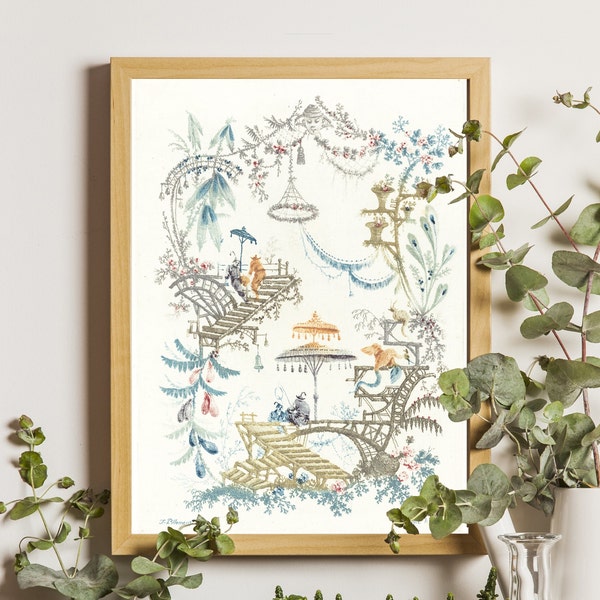 Antique Français Chinoiserie Design, Jean-Baptiste Pillement Art Print, Pastel Print, Shabby Chic Wall art, vintage Oriental Decor, Magical