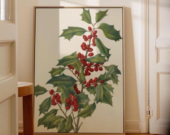 Vintage Holly Berry Christmas Print: Rustic Red & Green Winter Decor Botanical Winter Wall Art