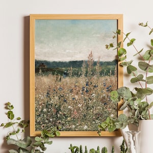 Spring Meadow Painting,  Spring Summer Landscape Print, Wildflower Field Art Print, Country Farmhouse Decoring, Muted Landscape Art