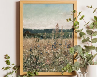 Wildflower Field Vintage Painting, Muted Spring Landscape Art Print