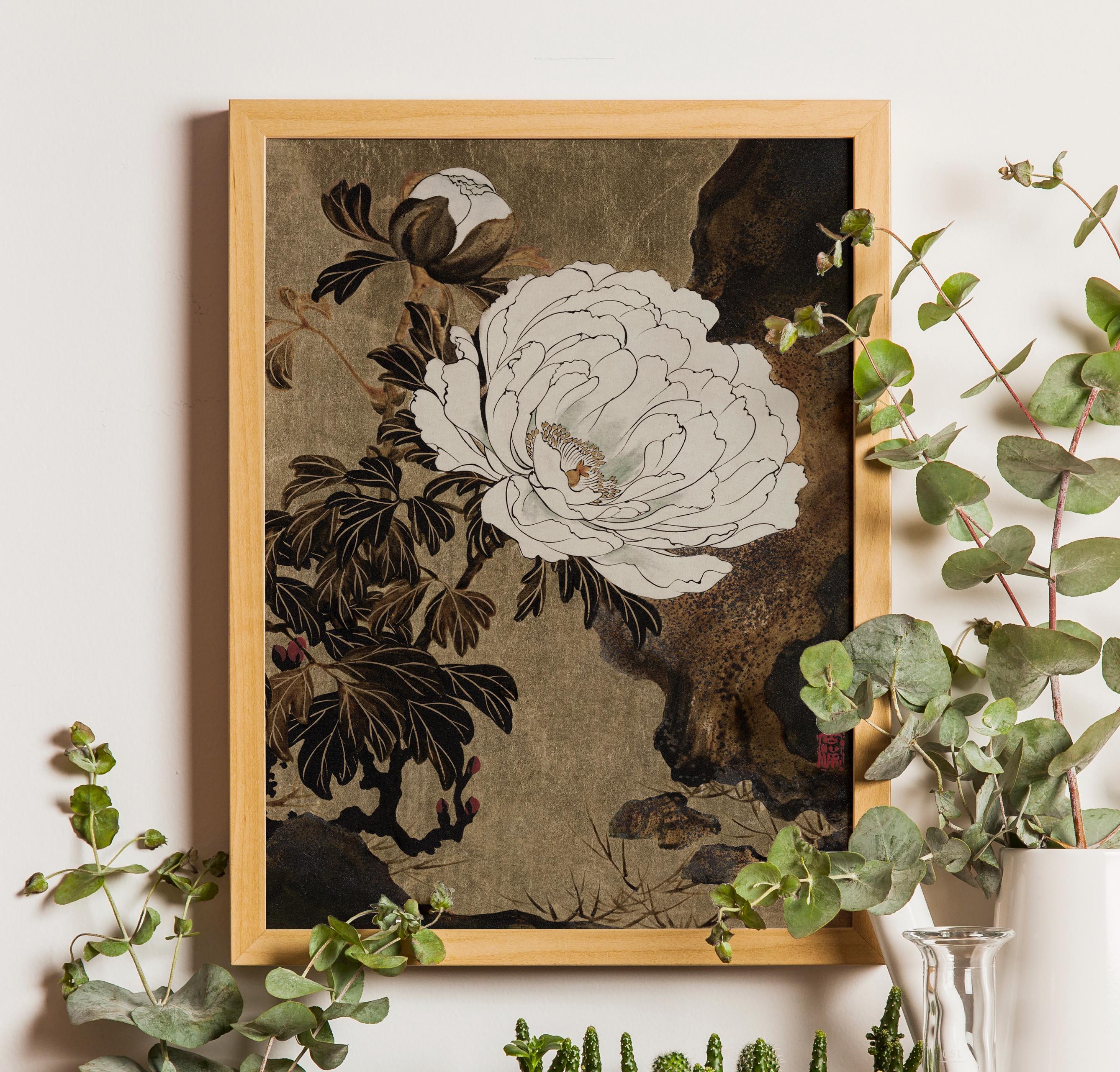Vintage Peony Wall Art Print, Japanese Floral Painting, Antique
