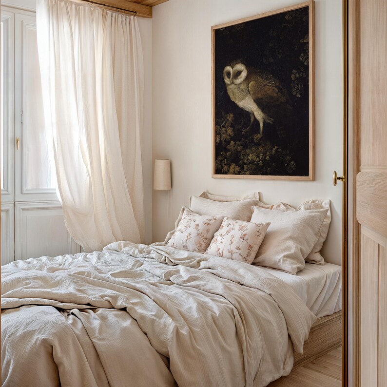 Antique painting of an owl by Moses Haughton featuring detailed feathers and a natural history illustration style.