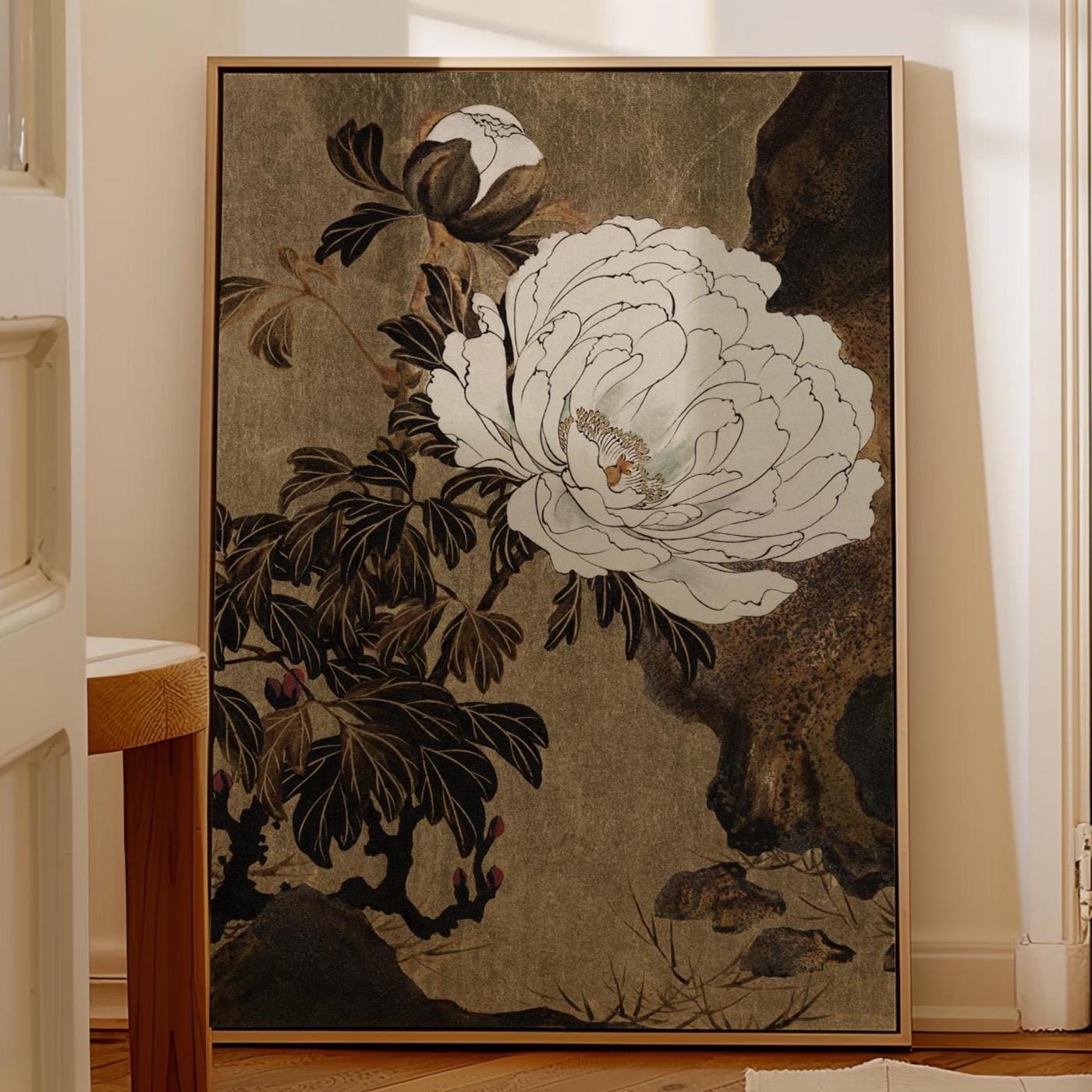 Vintage Peony Wall Art Print, Japanese Floral Painting, Antique