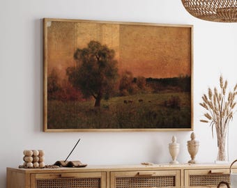 Vintage Cows in Field Print: George Inness Autumn Landscape Art