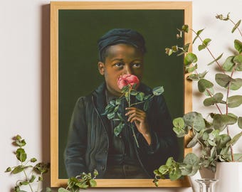 African American Boy Smelling Rose Vintage Art Print, Black Child Portrait Poster