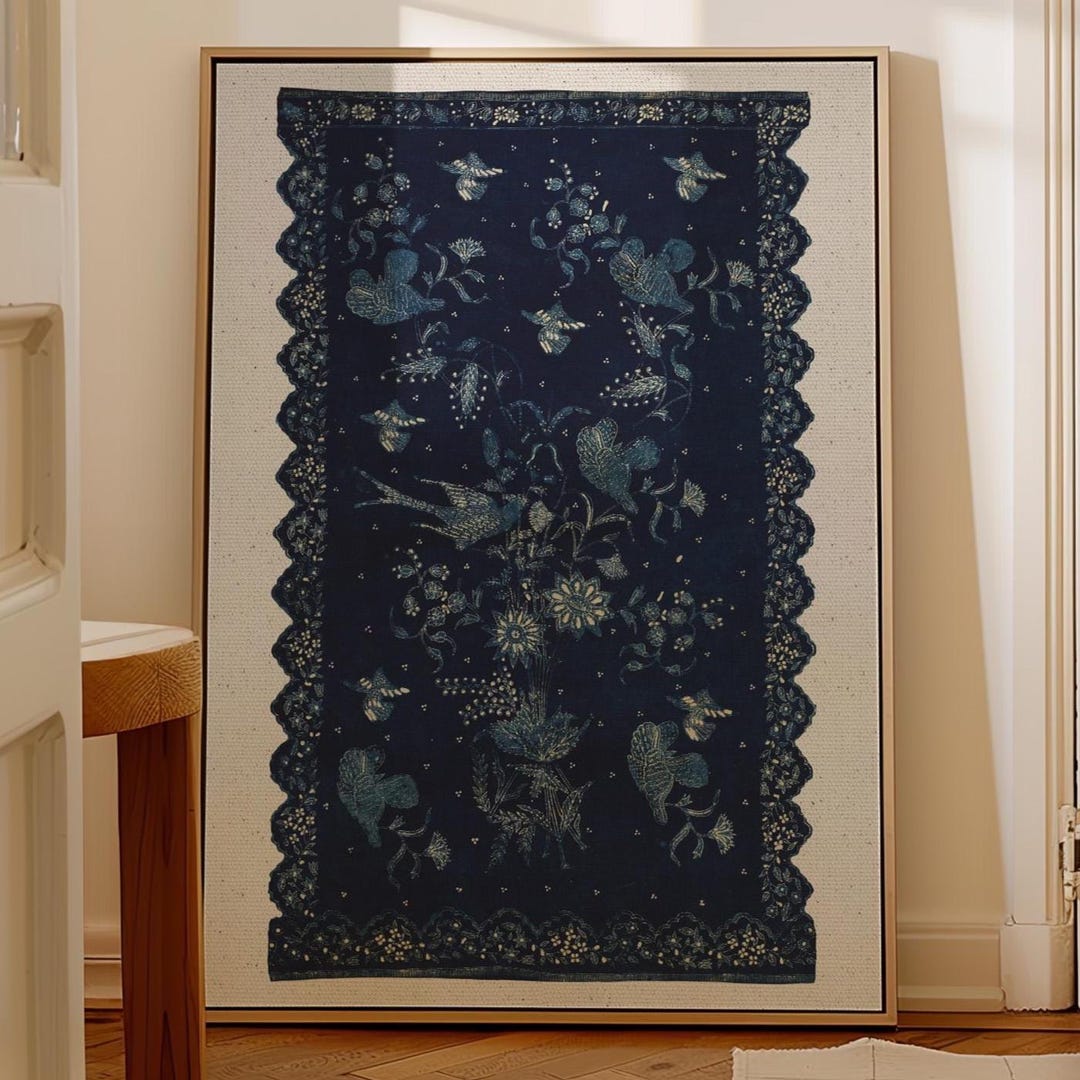 Dark Blue Chinoiserie Bird Wall Art Print, Vintage Botanical Textile ...