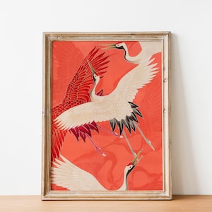Red and white Japanese cranes in flight illustrated in a traditional Asian art style on a vibrant red background. Framed or unframed wall art.