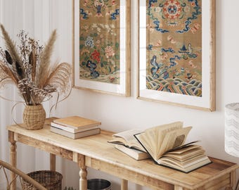 Vintage Chinoiserie Wall Art Set of 2 Prints, Asian Antique Textile Design, Oriental Floral Landscape Poster, Vintage Chinese Decor FRAMED