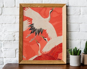 Vintage Japanese Poster With Crane , Bird Illustration, Home
