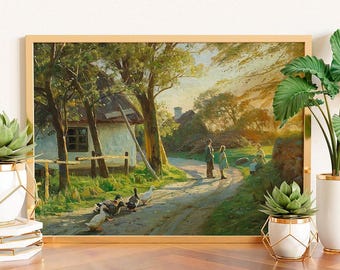 Vintage Farmhouse Painting Print, Evening Sun, Country Landscape