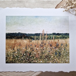 Dipinto a olio di prato primaverile, carta da parati con bordi frastagliati, arte murale di paesaggio rustico, dipinto rustico vintage, dipinto di paesaggio di fiori selvatici, arte spedita per posta
