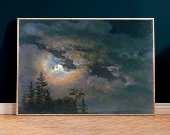 Vintage Moonlight Painting: Dark Cottagecore Night Sky Art (Printed)