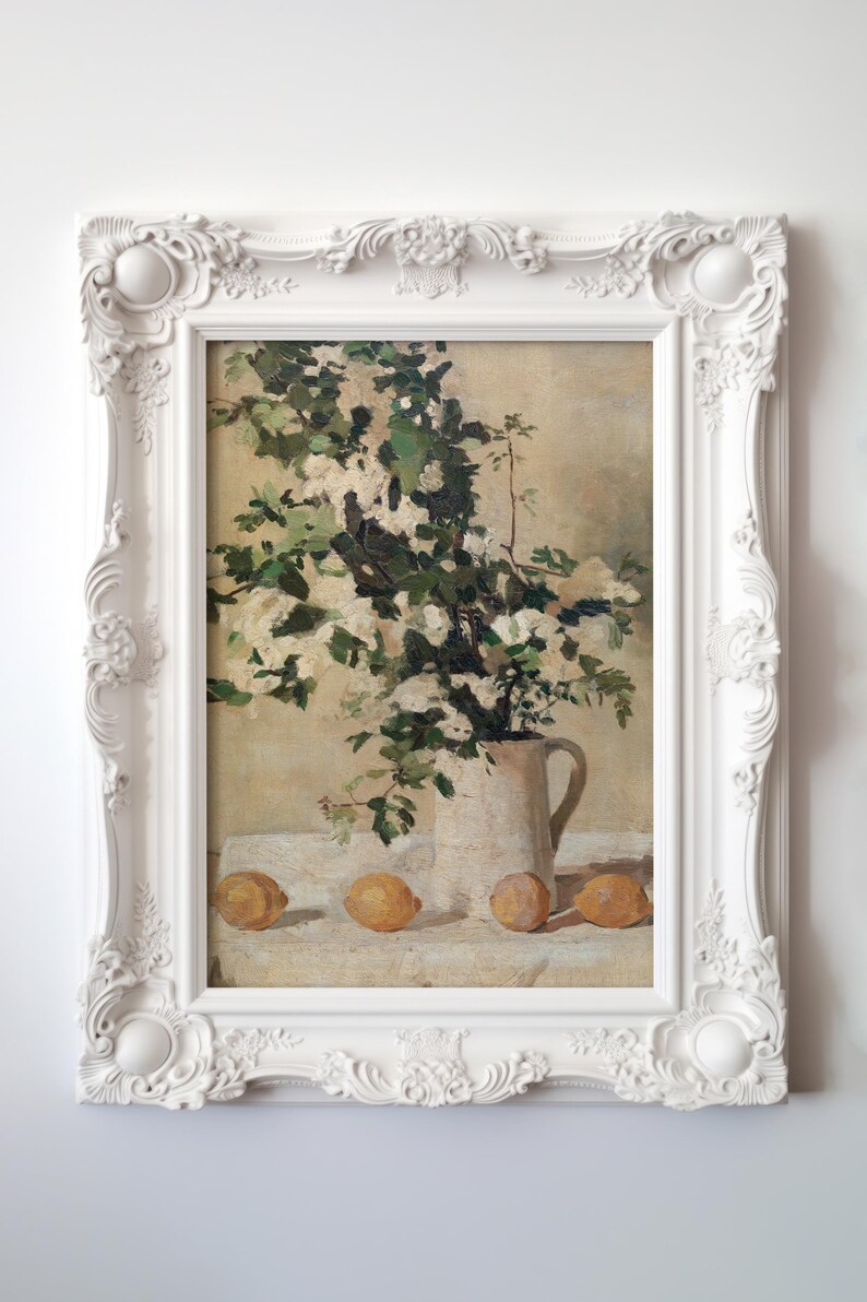 Floral and lemon still life wall art print displayed as vintage home decor. This reproduction features flowers and lemons arranged in a balanced classic composition with warm tones and refined detail, making it perfect for kitchens, breakfast nooks, gallery walls, or traditional interiors seeking timeless botanical artwork.