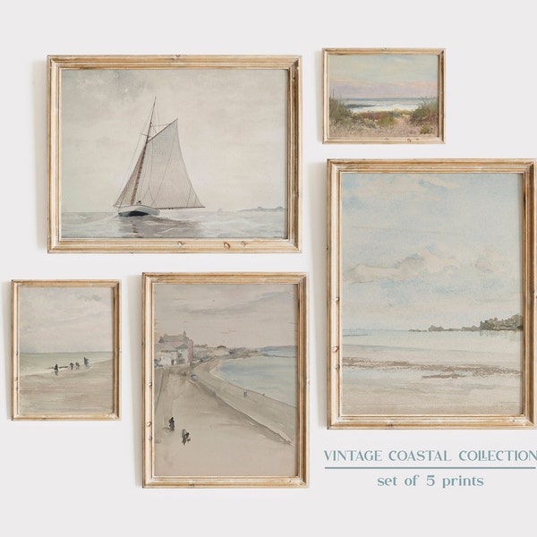 Vintage Beach Wall Art, Set of 5 Prints, Coastal Art Prints, Nautical Wall Art, Summer Gallery Wall Art, Neutral Wall Art, Aesthetic Prints