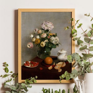 Vintage Kitchen Painting, Still Life Fruit Oil Painting, Still Life Painting Fruit, Peony Flower Bouquet, Hydrangea Wall Decor, Mailed Art