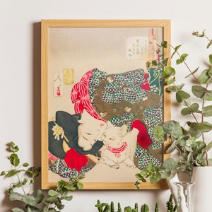 Japanese art prints, Woman and Cat, Tsukioka Yoshitoshi, Antique Japanese Art, Japanese Woodblock Print, Ukiyo-e Poster, Japanese Canvas Art
