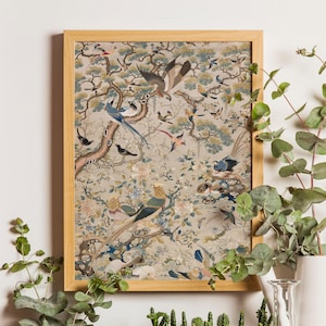 Chinoiserie Bird Garden Art Print, Vintage Qing Dynasty Botanical Illustration