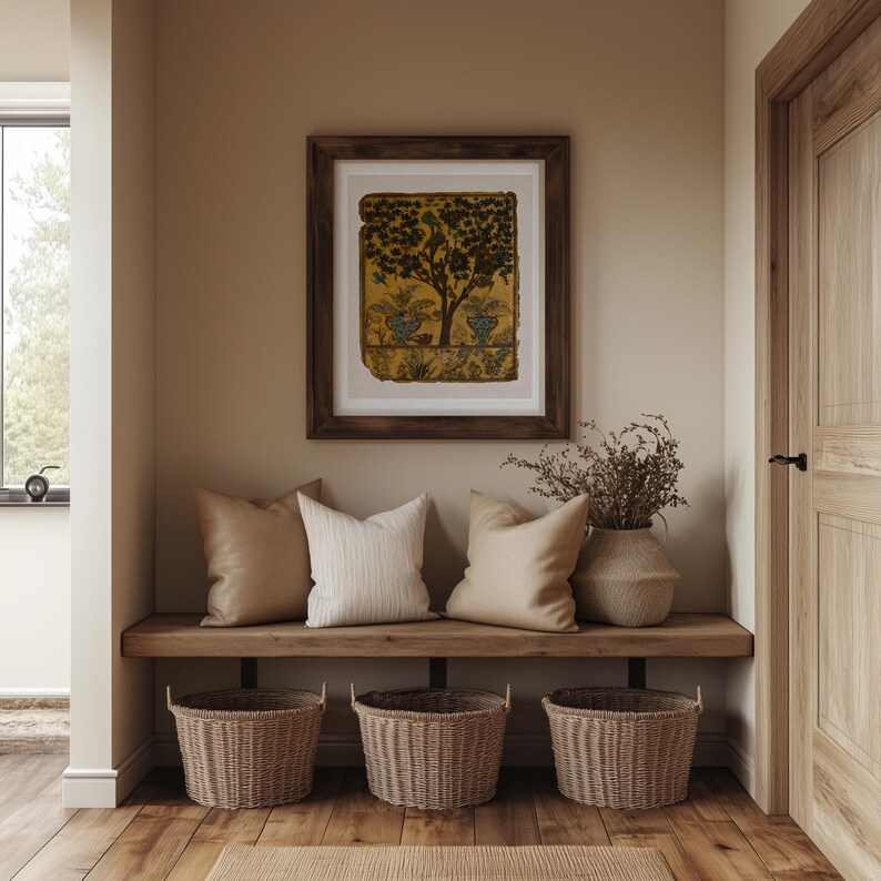 Tree of Life art print inspired by antique Persian garden painting with birds, botanical foliage, and symbolic nature imagery.