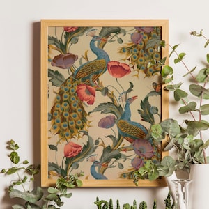Vintage Peacock Print, Peacock Art Print, Poppies Print, Peacock Art, Peacock Poster, Bird Art Print, Bird Wall Art, Peacock Illustration