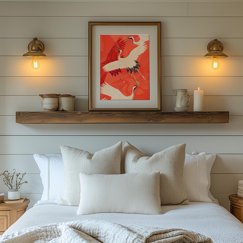 Red and white Japanese cranes in flight illustrated in a traditional Asian art style on a vibrant red background. Framed or unframed wall art.
