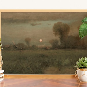 Moonlight Landscape Painting, Vintage Moonlight Print, Moody Landscape Painting, Antique Painting, Dark Academia Decor, Moody Wall Art