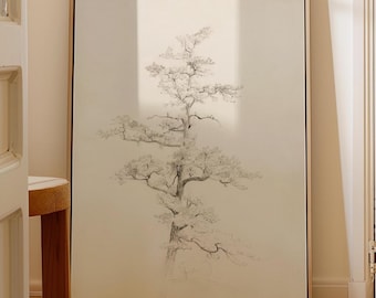 Antique Pine Tree Drawing Print, Vintage Landscape Art, Minimal Nature Wall Decor, Rustic Wall Artwork, Farmhouse Decor, Printed Wall Art