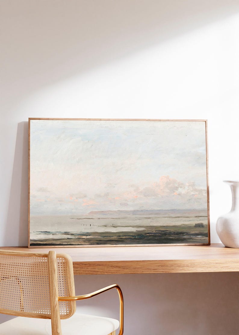 Vintage Seascape Painting: Neutral Coastal Art Print image 4