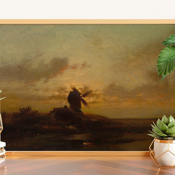 Windmill Print, Vintage Windmill Painting, Moody Landscape Painting, Vintage Country Painting, Antique Farmhouse Decor, Windmill Decor