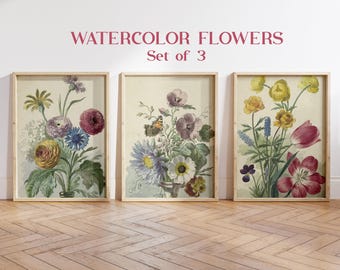 Watercolor Floral Prints Set of 3, Vintage Botanical Prints, Watercolor Art Prints, Flower Wall Art, Floral Artwork, Watercolor Flower Print