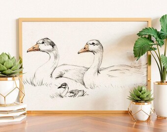 Vintage Geese Drawing Print, Farmhouse Nursery Decor