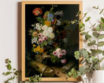 Flower Still Life Vintage Print, Moody Painting, Dark Floral Still Life Oil Painting, Vintage Flowers Painting, Flowers Print, Vintage Print