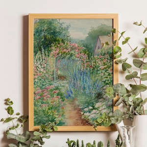Vintage Flower Garden Print, Summer Landscape Painting, Farmhouse Decor